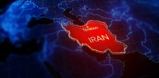 Map highlighting Iran with Tehran marked
