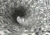 A swirling tunnel made of dollar bills creating a vortex effect