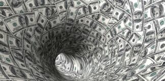 A swirling tunnel made of dollar bills creating a vortex effect