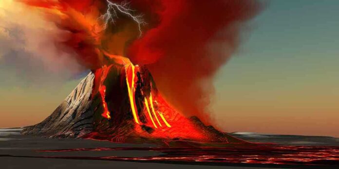 A volcano erupting with lava and lightning in the sky