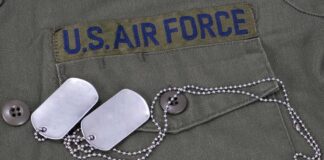 Closeup of a US Air Force uniform with dog tags