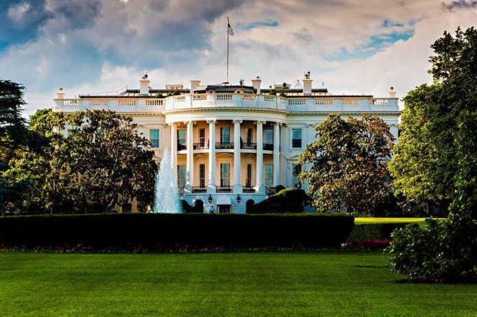 The White House surrounded by greenery and a fountain in the foreground