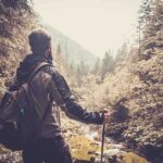 A hiker standing in a forest, looking at a scenic view of mountains and trees