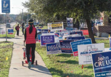 Person walking with stroller past numerous election campaign signs.