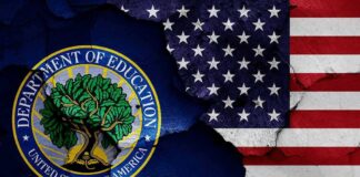 Seal of the U.S. Department of Education overlaid on a distressed American flag background
