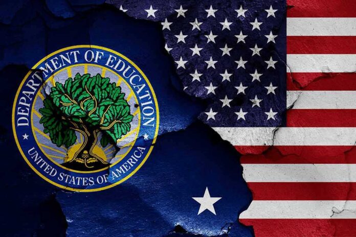 Seal of the U.S. Department of Education overlaid on a distressed American flag background