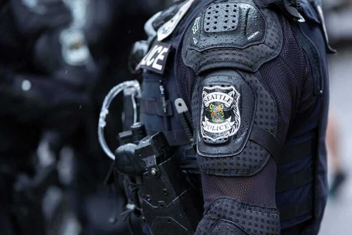 Close-up of a police officer's uniform with a Seattle Police patch