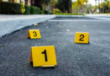 ABSOLUTE CARNAGE: Car Plows Nightlife Crowd Crime scene markers on asphalt with bullet casing.
