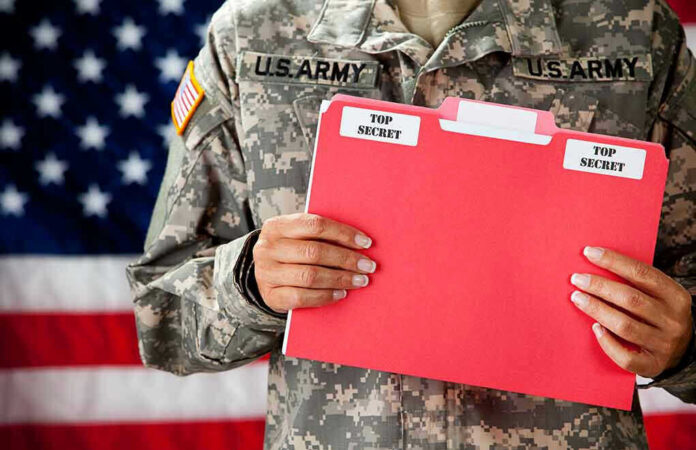 U.S. Army soldier holds a Top Secret folder.