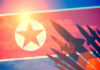 North Korean flag with missile silhouettes.