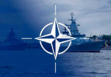 Hormuz Shock: Trump Orders Blockade Back Navy ships with NATO logo overlay.