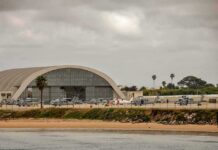 Fog of War: Iranian Attack on U.S. Base airport hangar with helicopters near a shoreline