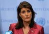 Nikki Haley speaks at a press conference podium