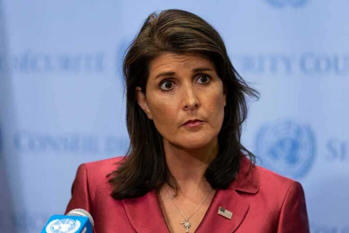 Nikki Haley speaks at a press conference podium