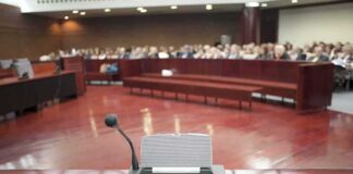 Conference microphone on a podium in a courtroom