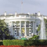 The White House south facade with fountain and gardens